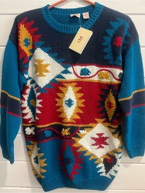 Vintage NWT Huntington Ridge Aztec Print Oversized Sweater 80’s 90’s Colorful